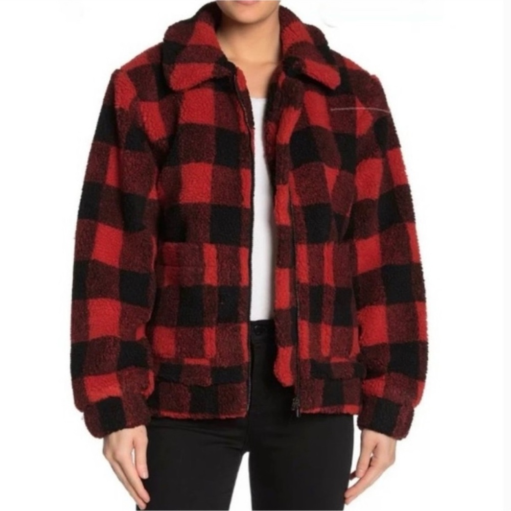 Elodie Buffalo Plaid Teddy Bomber Jacket Black Red Checkered‎ Size L Unisex